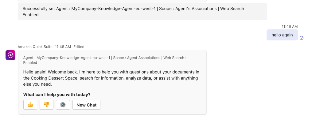 Hyperedge- , PCB Design, Hardware Design, Electronics Design, Amazon Quick chat interface showing MyCompany-Knowledge-Agent-eu-west-1 active with Agent's Associations scope and Web Search enabled, displaying welcome message "Hello again! Welcome back" with thumbs up/down feedback buttons and New Chat option.