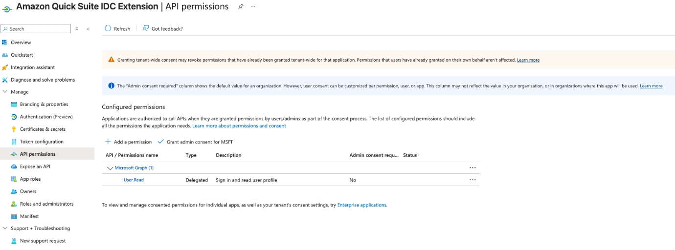 Hyperedge- , PCB Design, Hardware Design, Electronics Design, Amazon Quick IDC Extension API permissions panel showing Microsoft Graph delegated permission User.Read configured with "No" admin consent requirement.