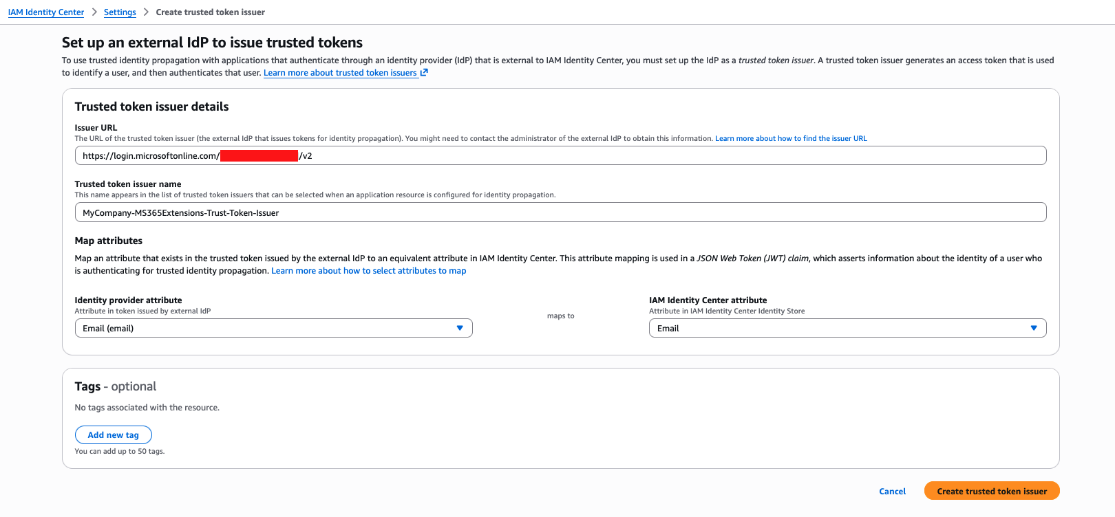 Hyperedge- , PCB Design, Hardware Design, Electronics Design, AWS IAM Identity Center form for creating a trusted token issuer with Microsoft Entra ID login URL, issuer name "MyCompany-MS365Extensions-Trust-Token-Issuer", and email-to-email attribute mapping for JWT identity propagation.