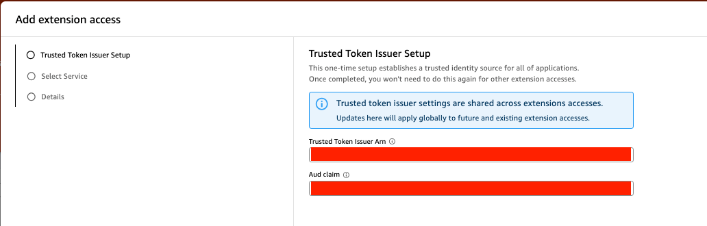 Hyperedge- , PCB Design, Hardware Design, Electronics Design, Add extension access wizard Step 1 showing Trusted Token Issuer Setup with red-highlighted required input fields for Trusted Token Issuer ARN and Aud claim, and a blue warning banner about global settings impact.