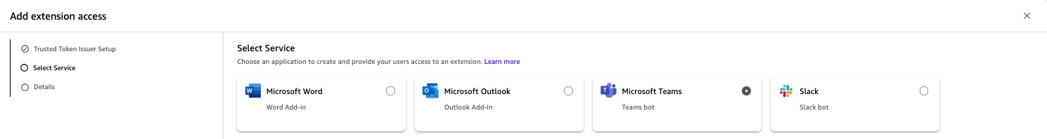 Hyperedge- , PCB Design, Hardware Design, Electronics Design, Add extension access wizard Step 2 showing four Microsoft 365 service options — Word Add-in, Outlook Add-in, Teams bot (selected), and Slack bot — for creating extension access.