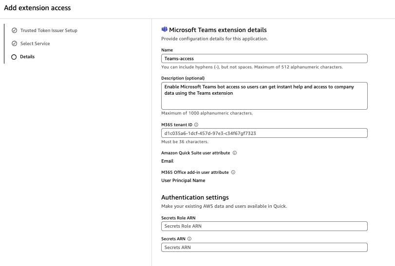 Hyperedge- , PCB Design, Hardware Design, Electronics Design, Add extension access Details step showing Microsoft Teams extension configuration form with Name "Teams-access", M365 Tenant ID, Email-to-User Principal Name attribute mapping, and Authentication settings fields for Secrets Role ARN and Secrets ARN.