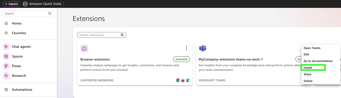 Hyperedge- , PCB Design, Hardware Design, Electronics Design, Amazon Quick Extensions page showing Browser-extension marked "Available" and MyCompany-extension-teams-eu-west-1 for Microsoft Teams, with context menu displaying Install option highlighted in green.