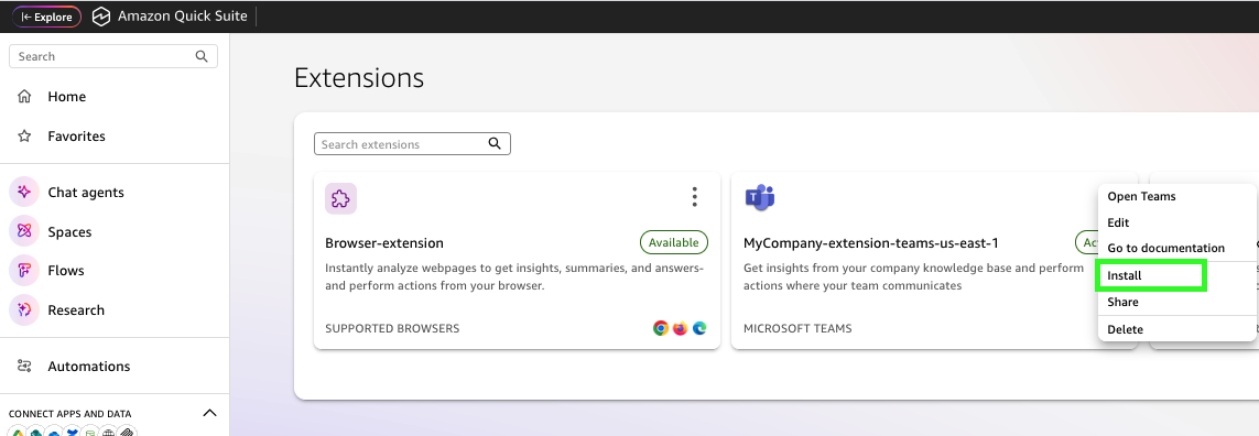 Hyperedge- , PCB Design, Hardware Design, Electronics Design, Amazon Quick Extensions page showing Browser-extension marked "Available" for Chrome, Firefox, and Edge, and MyCompany-extension-teams-us-east-1 for Microsoft Teams marked "Available", with context menu showing Install option highlighted in green.