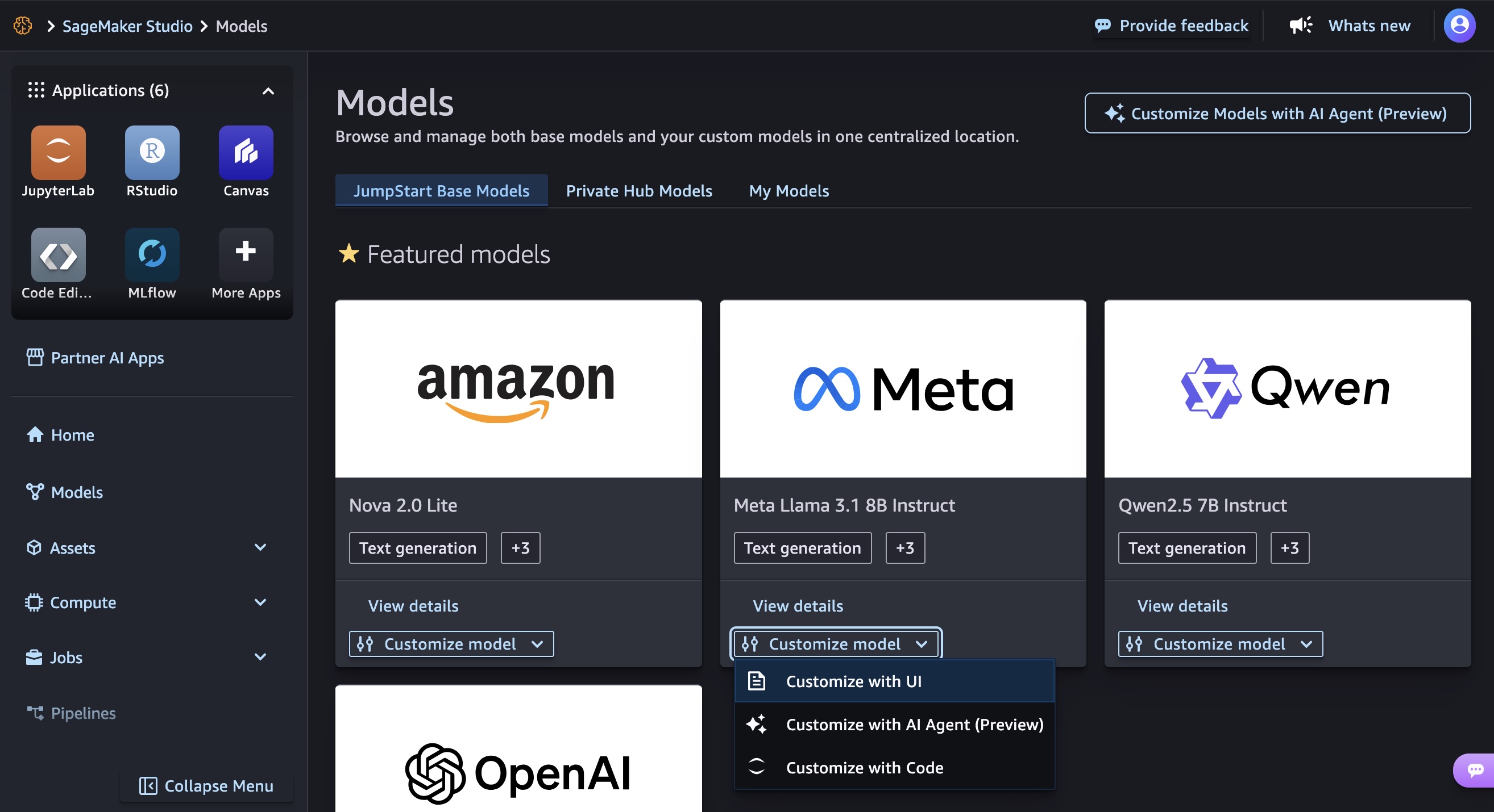 Amazon SageMaker Studio Models page showing featured foundation models from Amazon, Meta, and Qwen with a Customize model dropdown menu expanded, revealing options to Customize with UI, AI Agent (Preview), and Code.