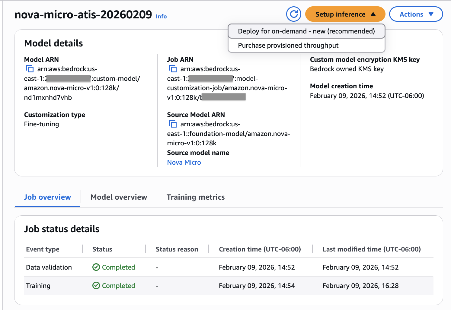 Hyperedge- , PCB Design, Hardware Design, Electronics Design, AWS Bedrock console showing completed fine-tuning job for Nova Micro model nova-micro-atis-20260209 with data validation and training status both marked as completed on February 9, 2026.