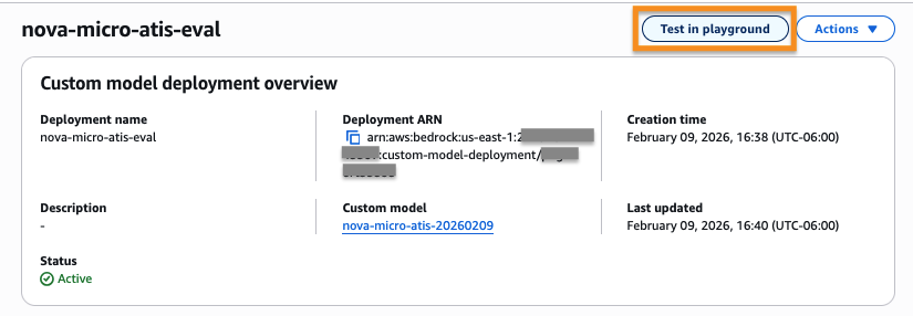 Hyperedge- , PCB Design, Hardware Design, Electronics Design, AWS Bedrock console screenshot showing the Custom Model Deployment Overview page for "nova-micro-atis-eval" deployment with active status, creation timestamp, and associated custom model details.