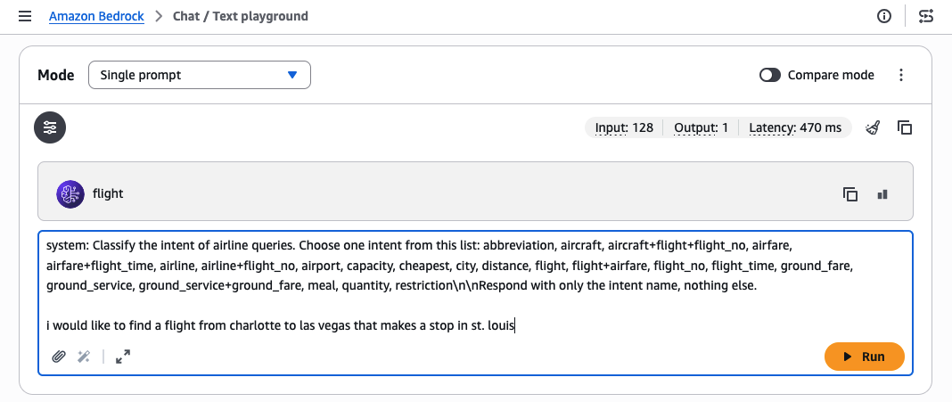 Hyperedge- , PCB Design, Hardware Design, Electronics Design, Screenshot of the Amazon Bedrock Chat/Text Playground interface demonstrating an airline query intent classification system with performance metrics and a sample user query.