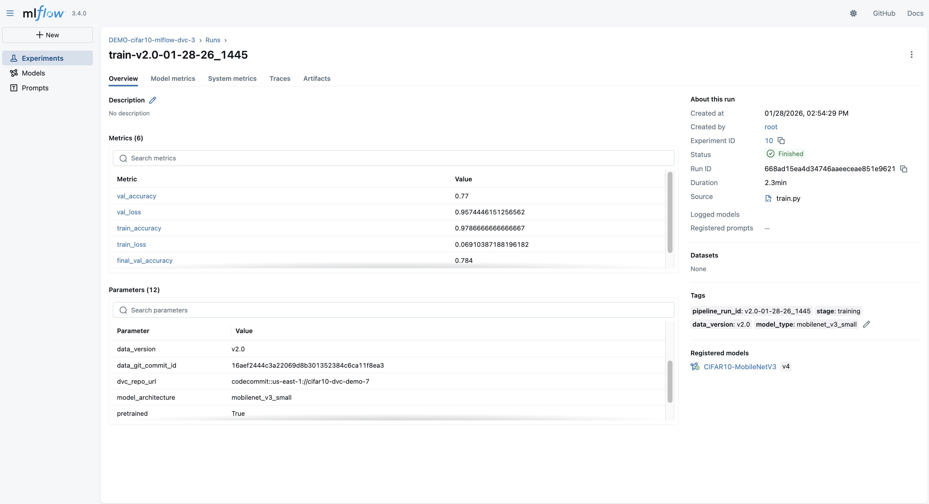 Hyperedge- , PCB Design, Hardware Design, Electronics Design, This MLflow run details page shows comprehensive tracking information for a CIFAR-10 training experiment (train-v2.0-01-28-26_1445), including six model metrics such as validation accuracy (0.77) and training loss, along with twelve parameters like data version (v2.0) and model architecture (mobilenet_v3_small). The interface displays complete experiment metadata including run duration (2.3min), registered model (CIFAR10-MobileNetV3 v4), and Git commit information, demonstrating MLflow's capability for full ML experiment reproducibility and traceability.