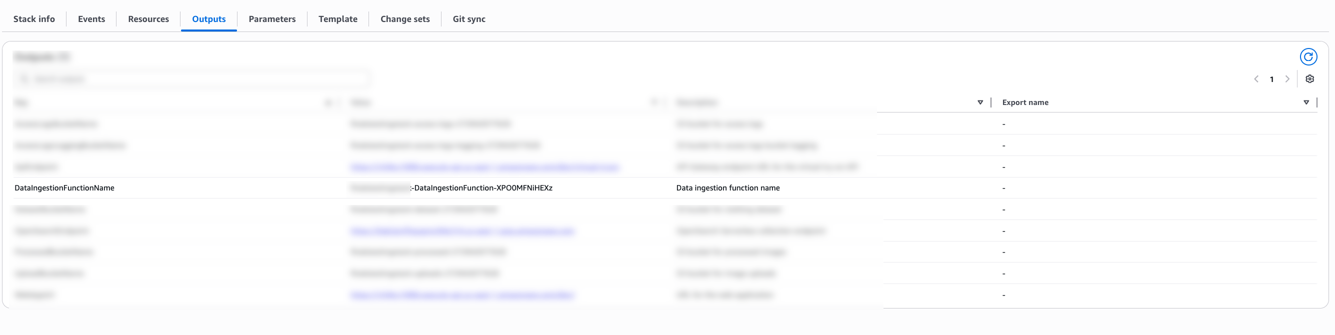 Hyperedge- , PCB Design, Hardware Design, Electronics Design, AWS CloudFormation stack Outputs tab displaying data ingestion function configuration with highlighted Lambda function ARN and resource names