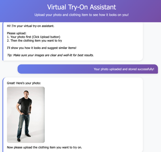 Hyperedge- , PCB Design, Hardware Design, Electronics Design, Virtual Try-On Assistant interface showing user photo upload confirmation with man in black polo shirt and jeans displayed as reference photo