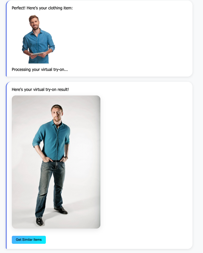 Hyperedge- , PCB Design, Hardware Design, Electronics Design, Virtual try-on interface showing before and after: customer photo with blue shirt being processed, then AI-generated full-body result wearing teal button-up shirt and jeans