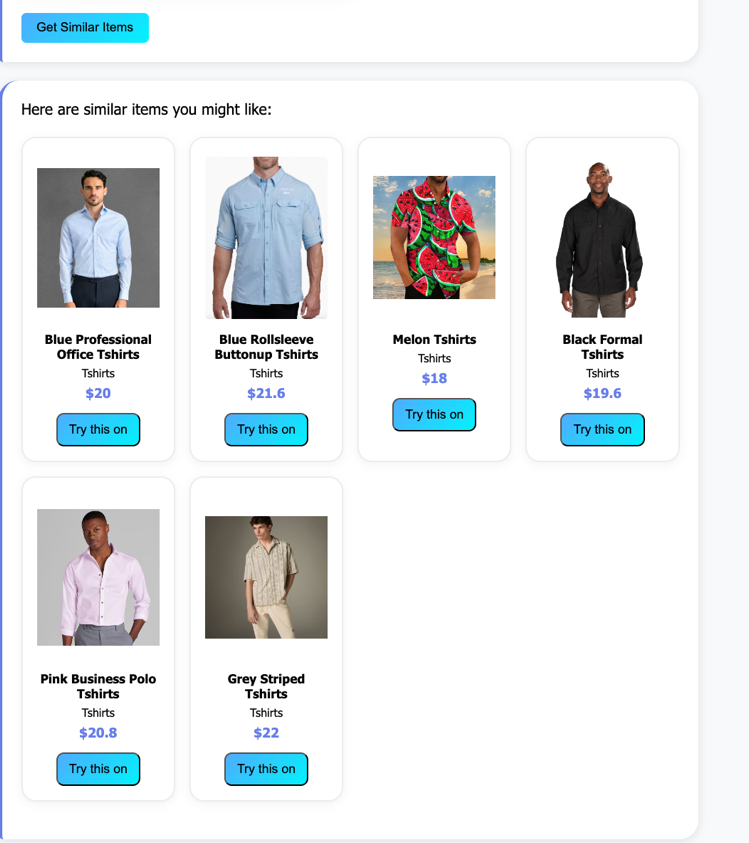 Hyperedge- , PCB Design, Hardware Design, Electronics Design, Product recommendation grid showing six men's shirt options with prices ranging from $18 to $22, each with a "Try this on" button and "Get Similar Items" option at top