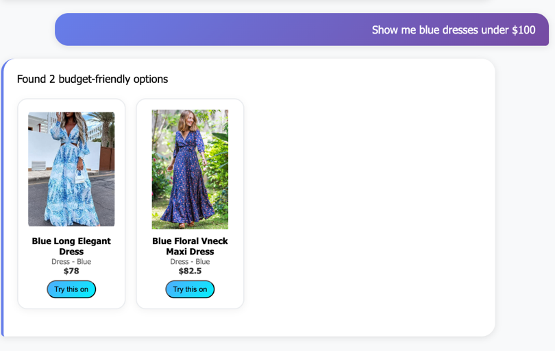 Hyperedge- , PCB Design, Hardware Design, Electronics Design, Virtual try-on search results showing two blue dresses under $100 with "Try this on" buttons for augmented reality fitting