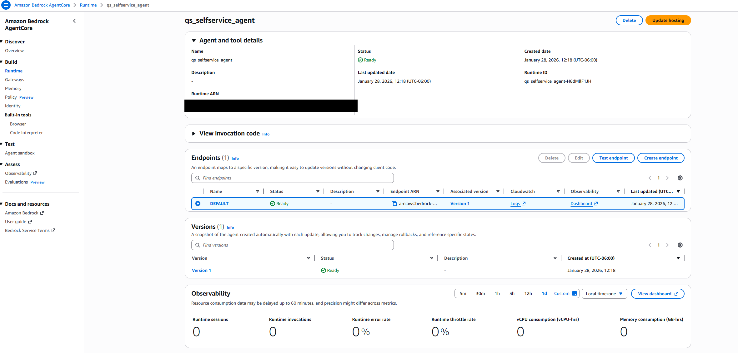 Hyperedge- , PCB Design, Hardware Design, Electronics Design, Amazon Bedrock AgentCore Runtime console showing the qs_selfservice_agent configuration with Ready status, DEFAULT endpoint, Version 1, and observability metrics.