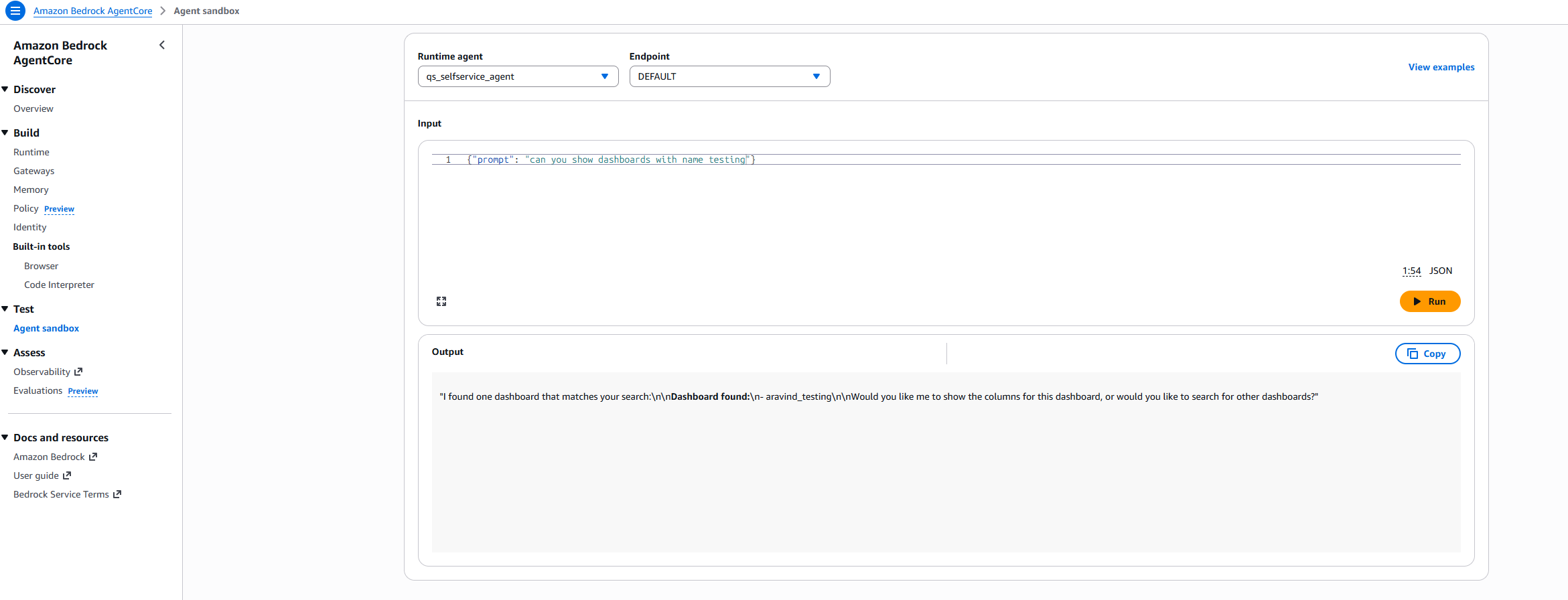 Hyperedge- , PCB Design, Hardware Design, Electronics Design, Amazon Bedrock AgentCore Agent Sandbox testing interface showing qs_selfservice_agent with a dashboard search query input and agent response confirming a matching dashboard found.