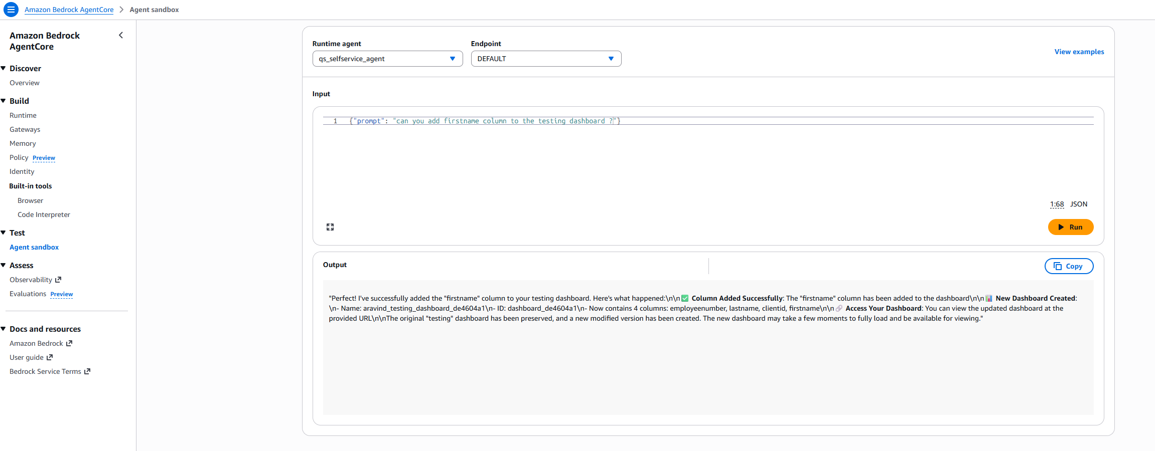 Hyperedge- , PCB Design, Hardware Design, Electronics Design, Amazon Bedrock AgentCore Agent Sandbox showing qs_selfservice_agent successfully adding a firstname column to a QuickSight testing dashboard with a detailed success response.