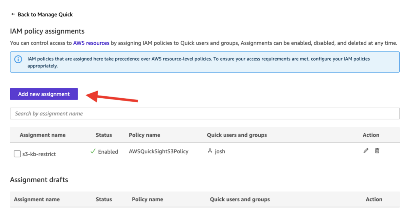 Hyperedge- , PCB Design, Hardware Design, Electronics Design, IAM policy assignments management page displaying one enabled assignment "s3-kb-restrict" with AWSQuickSightS3Policy assigned to user "josh," a search bar, and a highlighted "Add new assignment" button with an empty Assignment drafts section below.