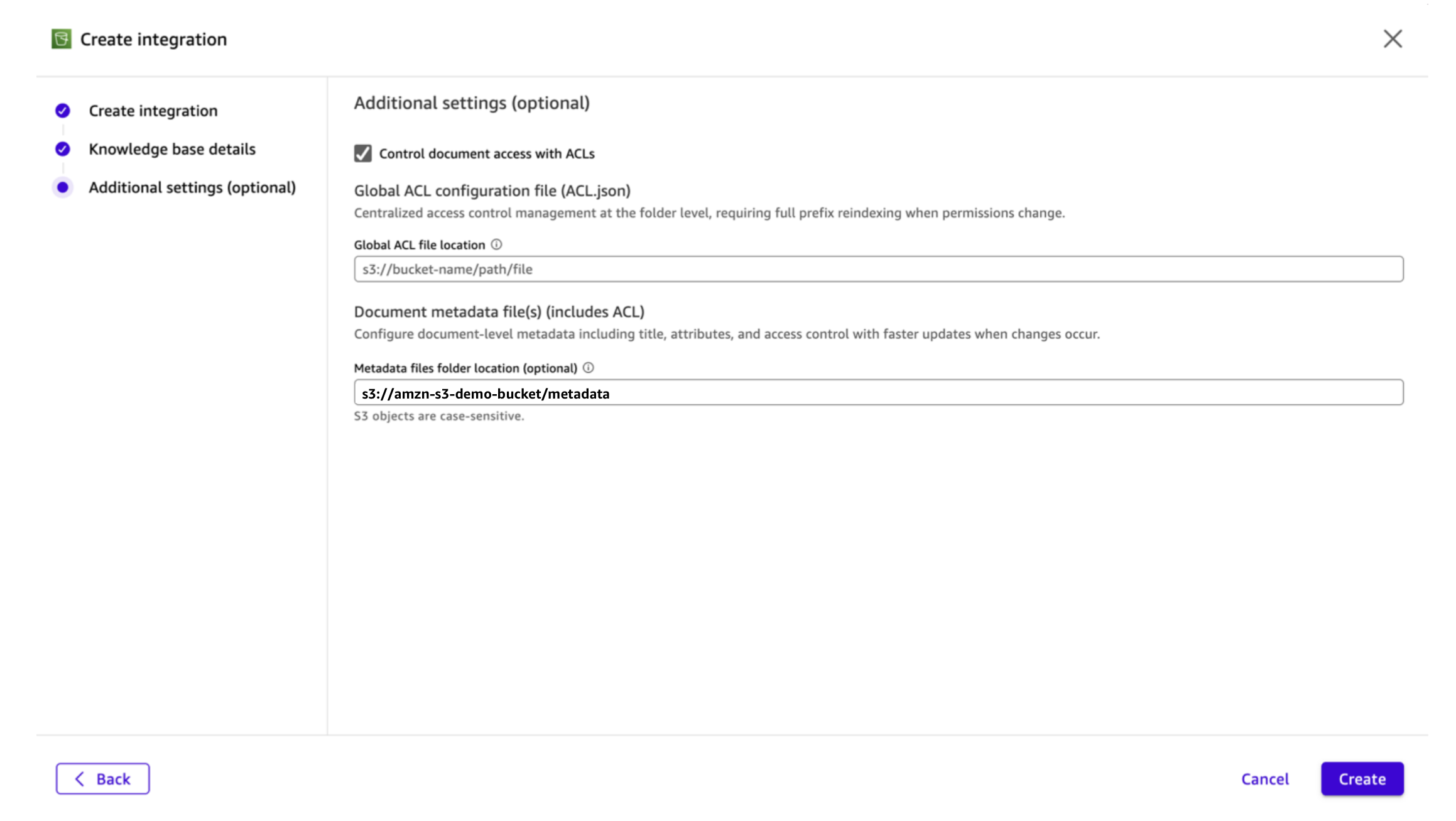 Hyperedge- , PCB Design, Hardware Design, Electronics Design, Additional settings step of the Create Integration wizard in Amazon Quick with "Control document access with ACLs" enabled, showing placeholder global ACL file location and metadata files folder location populated with "s3://amzn-s3-demo-bucket/metadata/."