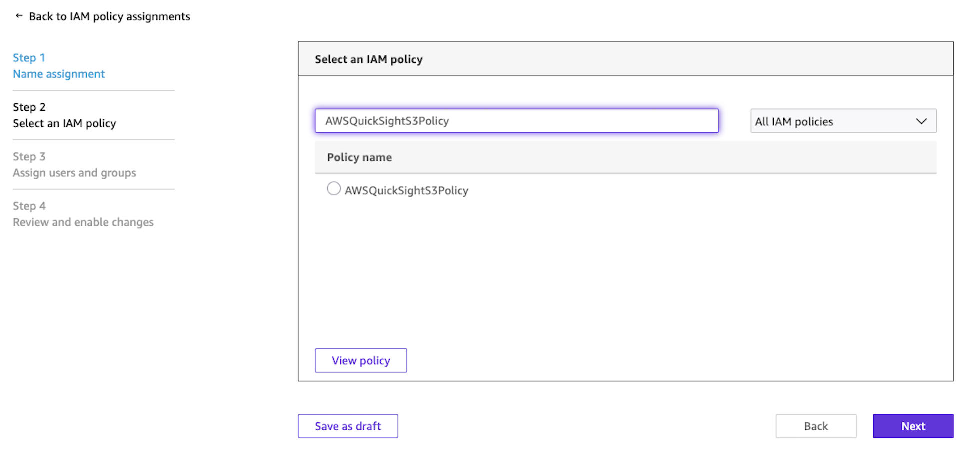Hyperedge- , PCB Design, Hardware Design, Electronics Design, Step 2 of the IAM policy assignment wizard showing a search field with "AWSQuickSightS3Policy" entered, a policy selection radio button, a "View policy" link, and navigation buttons for Back, Next, and Save as draft.