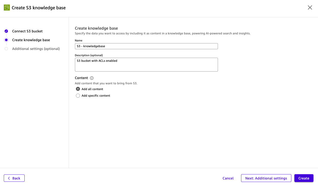 Hyperedge- , PCB Design, Hardware Design, Electronics Design, Step 2 of the Create S3 Knowledge Base wizard in Amazon Quick showing fields for name ("S3 - knowledgebase"), optional description ("S3 bucket with ACLs enabled"), and content selection with "Add all content" radio button selected.