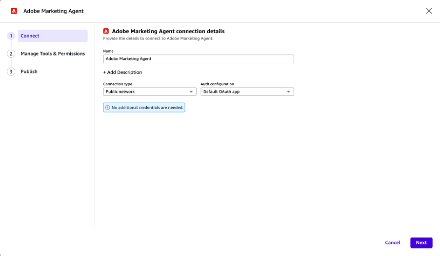 Hyperedge- , PCB Design, Hardware Design, Electronics Design, Adobe Marketing Agent connection details page with name, description, Public network connection type, and Default OAuth app auth fields