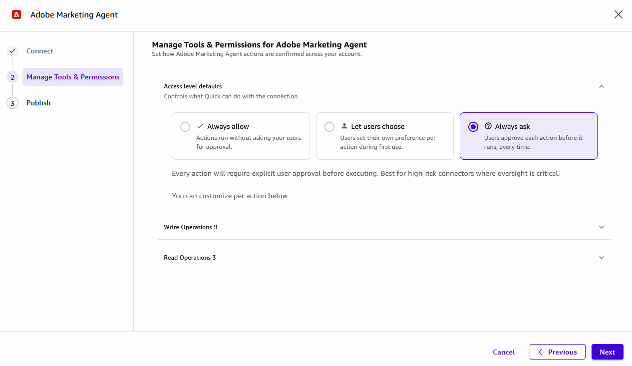 Hyperedge- , PCB Design, Hardware Design, Electronics Design, Manage Tools and Permissions page with Read and Write Operations set to Always ask for each Adobe Marketing Agent action