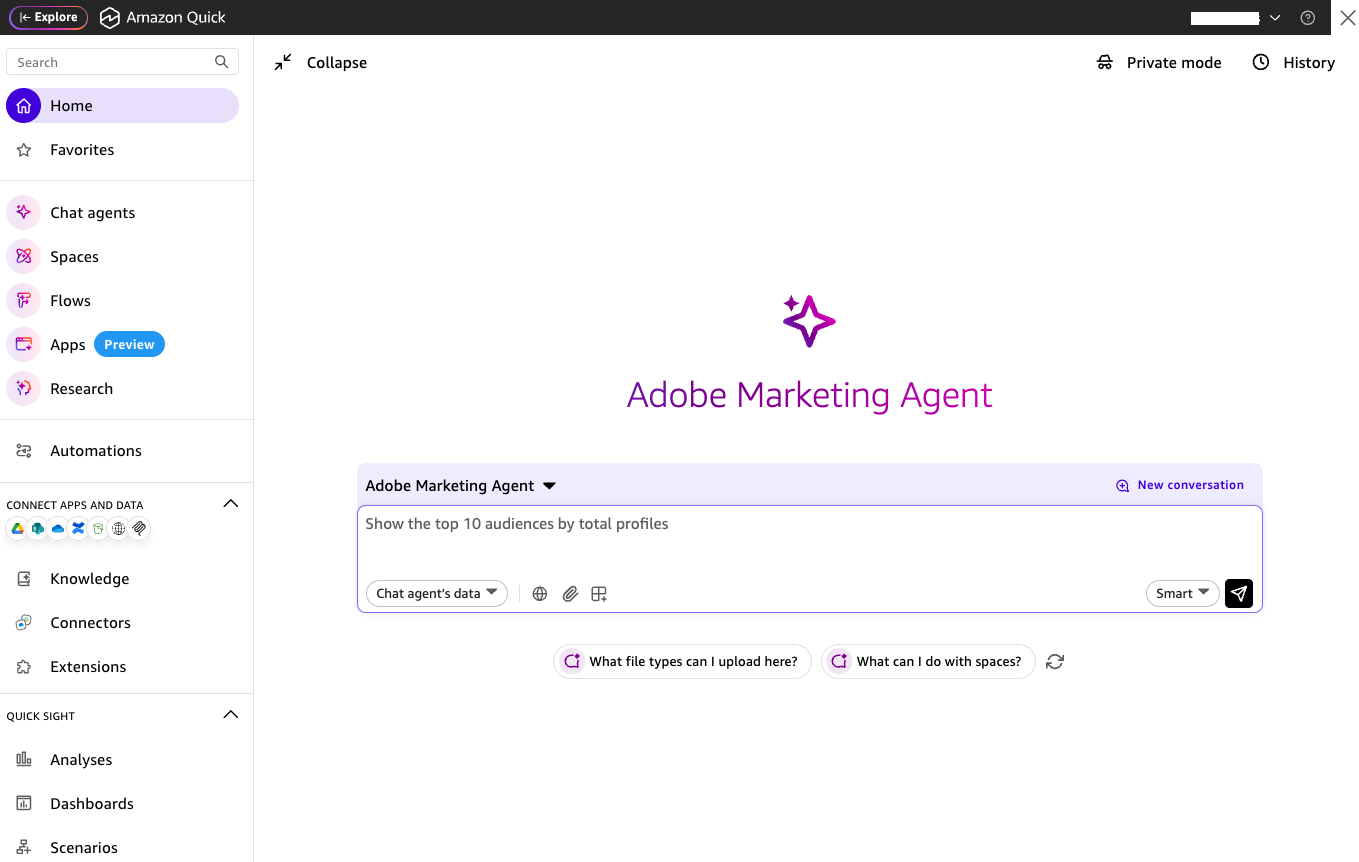 Hyperedge- , PCB Design, Hardware Design, Electronics Design, Amazon Quick chat experience with the Adobe Marketing Agent selected from the chat agent menu