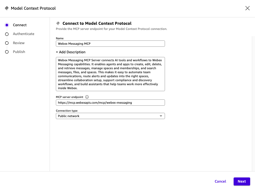 Hyperedge- , PCB Design, Hardware Design, Electronics Design, Amazon Quick Model Context Protocol connector form with the Webex Messaging MCP name, description, and server added