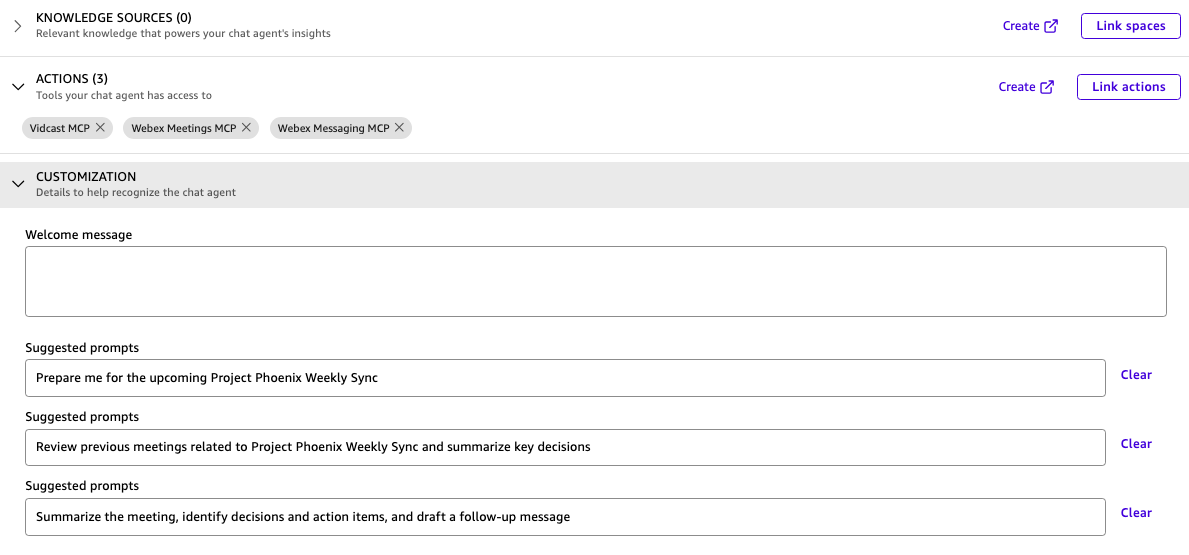 Hyperedge- , PCB Design, Hardware Design, Electronics Design, Amazon Quick chat agent Actions section showing the three Cisco Webex MCP integrations linked as actions