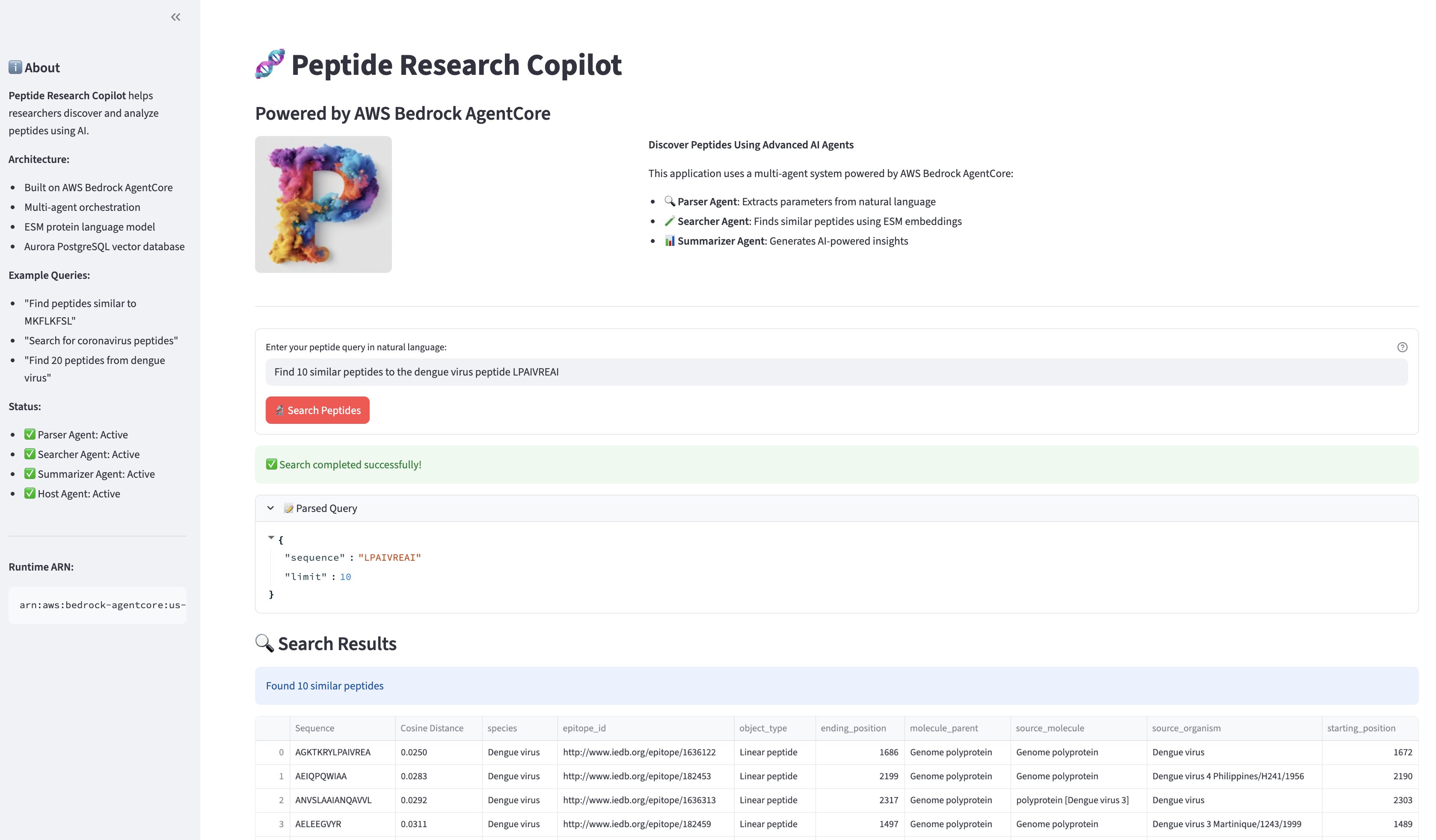 Hyperedge- , PCB Design, Hardware Design, Electronics Design, Streamlit frontend showing a peptide similarity search query and results table with cosine distances and metadata