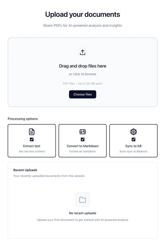 Hyperedge- , PCB Design, Hardware Design, Electronics Design, AI-powered document upload interface with drag-and-drop zone, processing options for text extraction, Markdown conversion, and knowledge base sync, plus a recent uploads section.