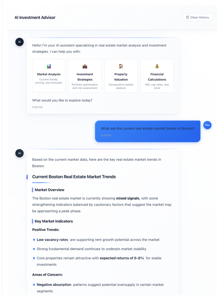 Hyperedge- , PCB Design, Hardware Design, Electronics Design, AI Investment Advisor chatbot interface showing a real estate market analysis conversation about Boston housing trends, with category cards for Market Analysis, Investment Strategies, Property Valuation, and Financial Calculations.