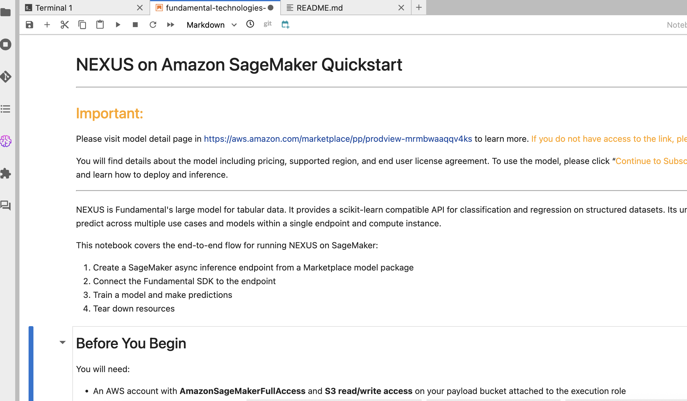 Hyperedge- , PCB Design, Hardware Design, Electronics Design, Amazon SageMaker JumpStart model details page for Fundamental NEXUS, showing model description and deployment options.