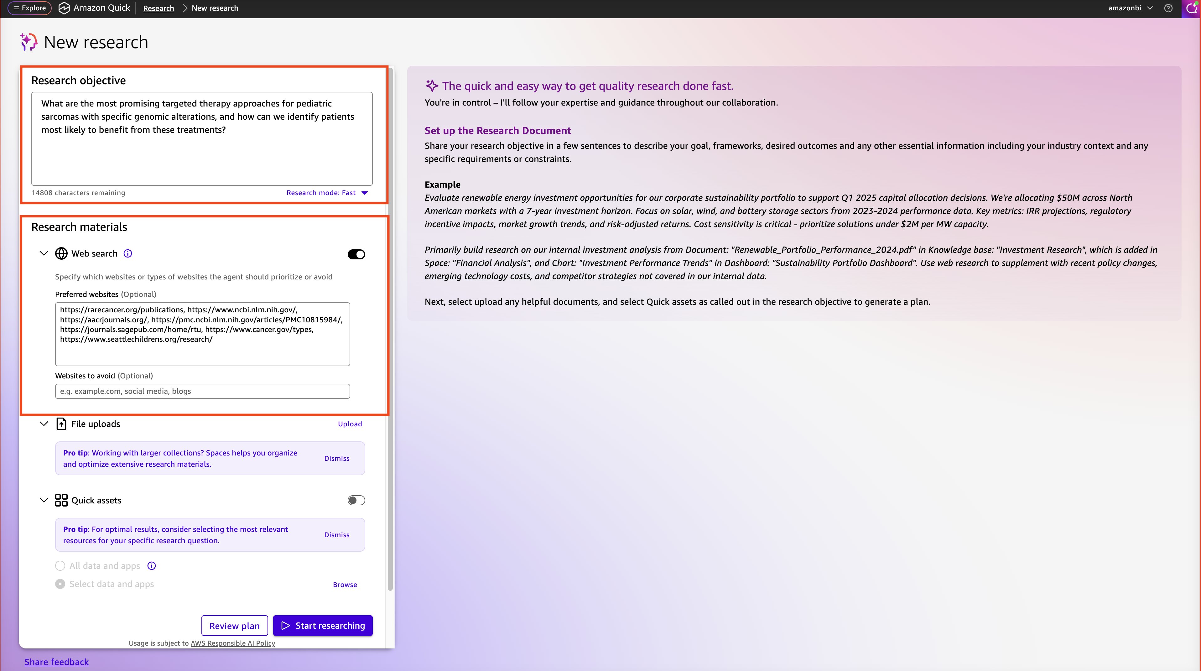 Figure 1 Screenshot of Amazon Quick New Research interface showing the research objective input field with example text about pediatric sarcomas, and research materials section with web search, file uploads, and Quick assets options expanded.