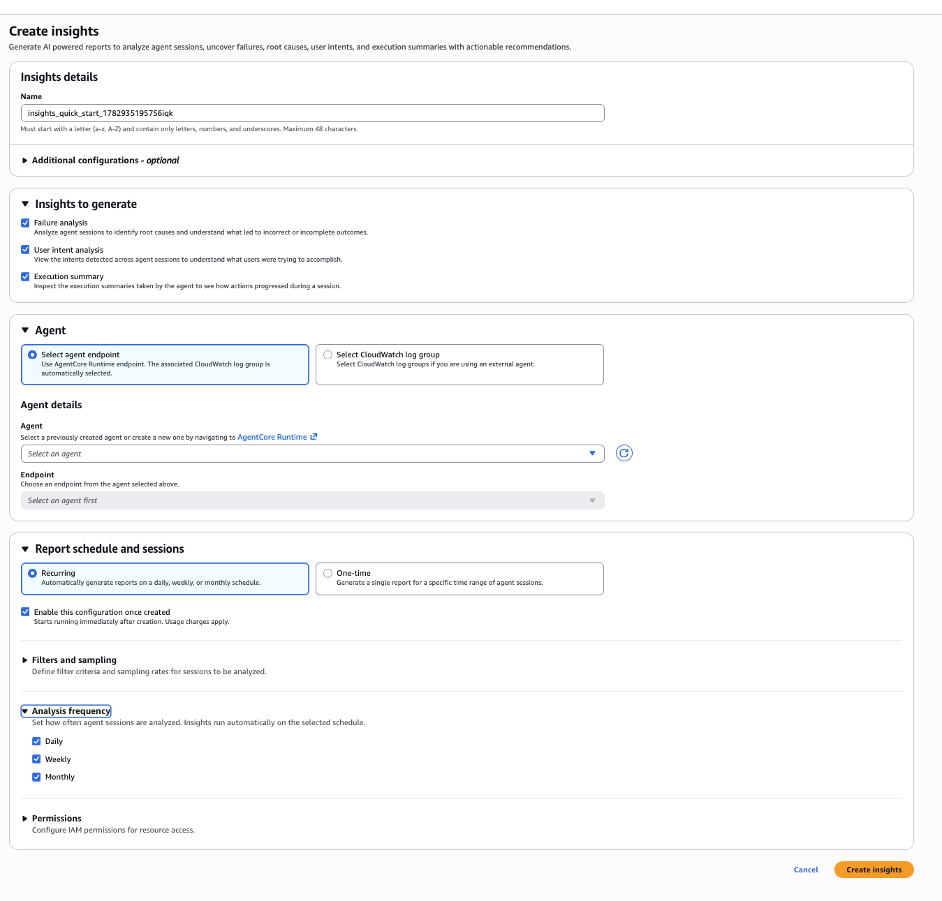 Hyperedge- , PCB Design, Hardware Design, Electronics Design, AgentCore console insights configuration page showing analysis types, agent connection, and schedule options