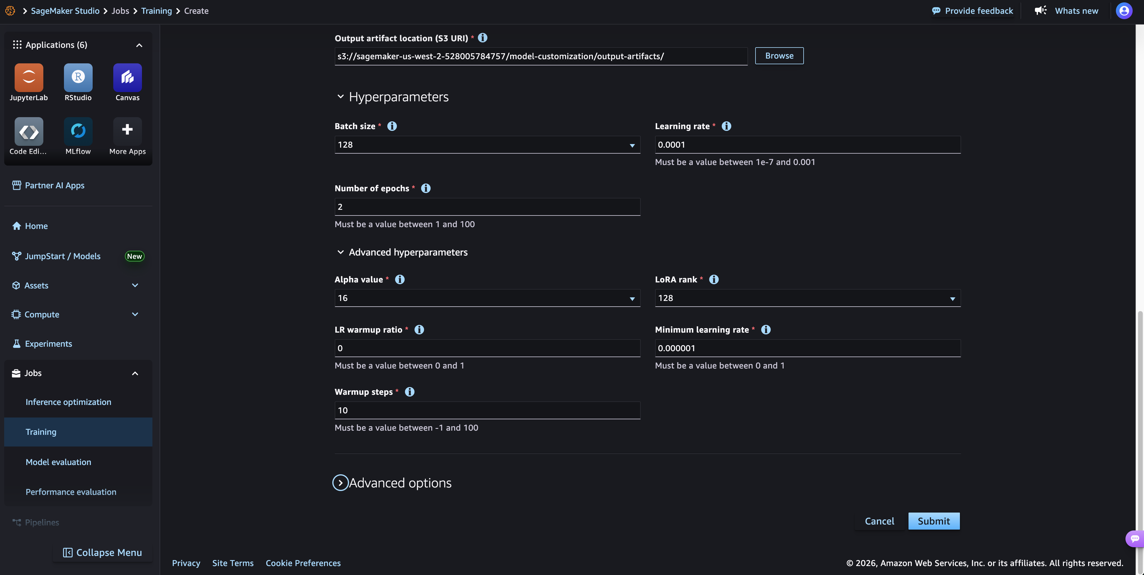 Hyperedge- , PCB Design, Hardware Design, Electronics Design, Hyperparameter configuration page with recommended defaults for the customization job