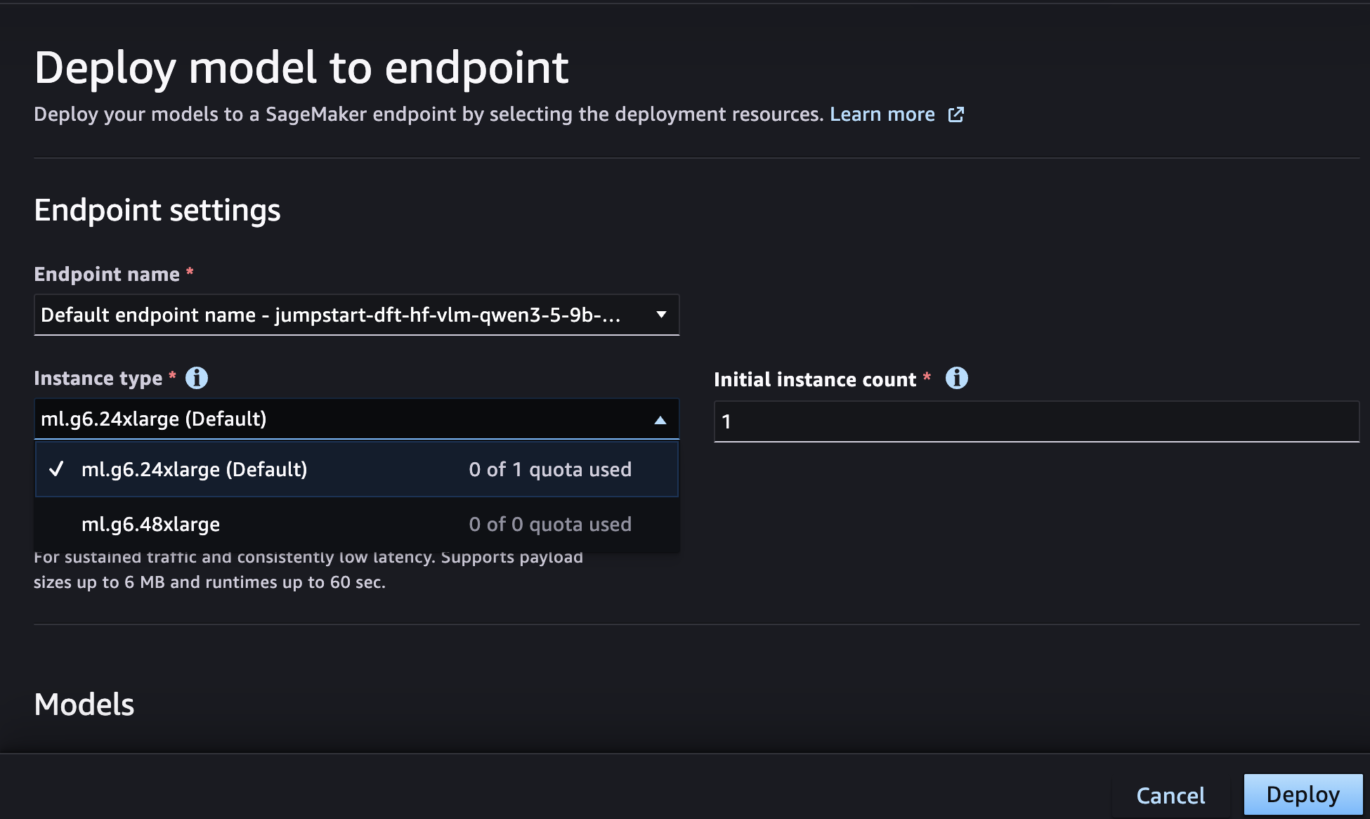 Hyperedge- , PCB Design, Hardware Design, Electronics Design, SageMaker Studio endpoint deployment page with the model pre-configured and instance type selection showing quota visibility