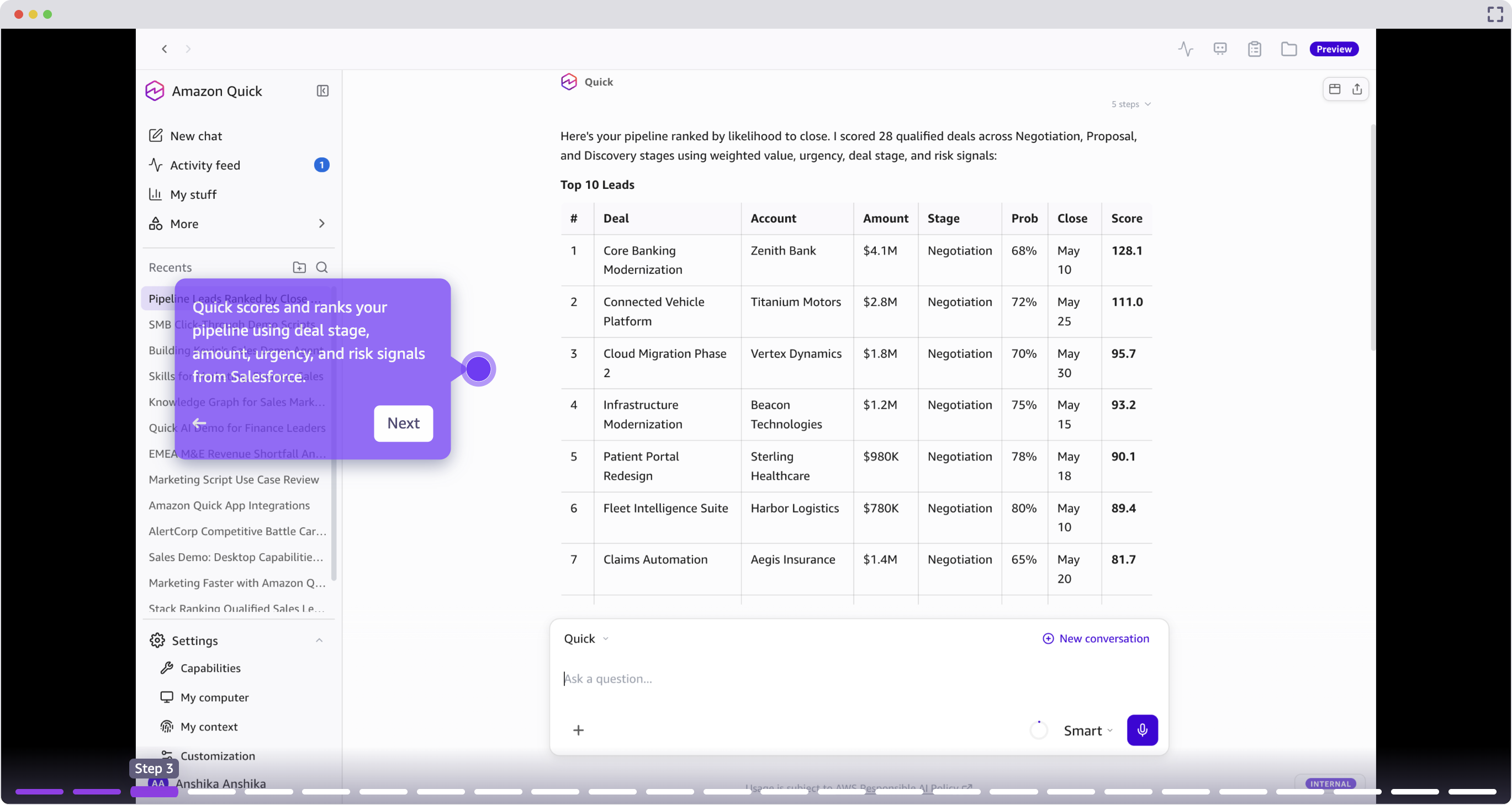 Quick scores and ranks the pipeline using live CRM data.